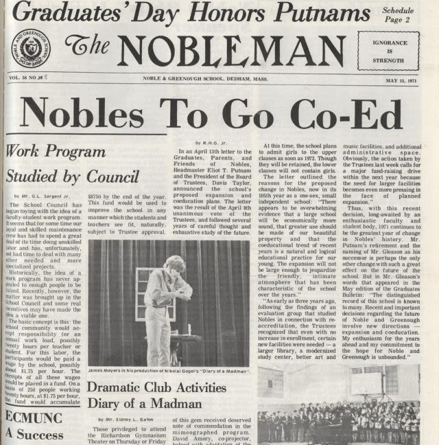 May 1971 Nobleman front page announcing decision to go co-ed