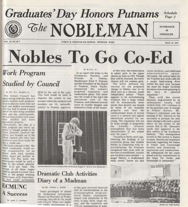 May 1971 Nobleman front page announcing decision to go co-ed
