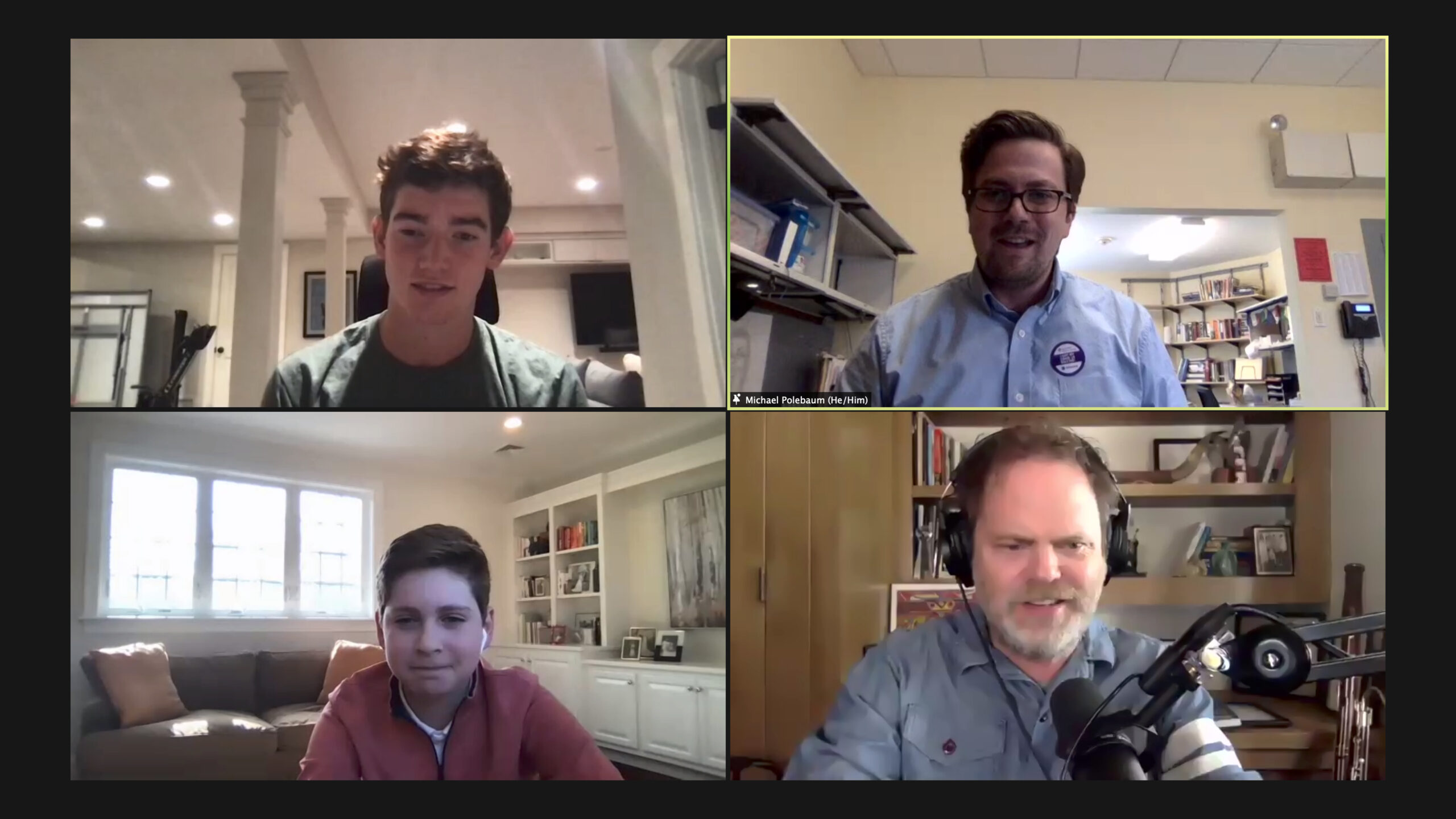 Rainn Wilson, Michael Polebaum, Oliver Burstein and James O'Connor during Zoom assembly on APril 14, 2021